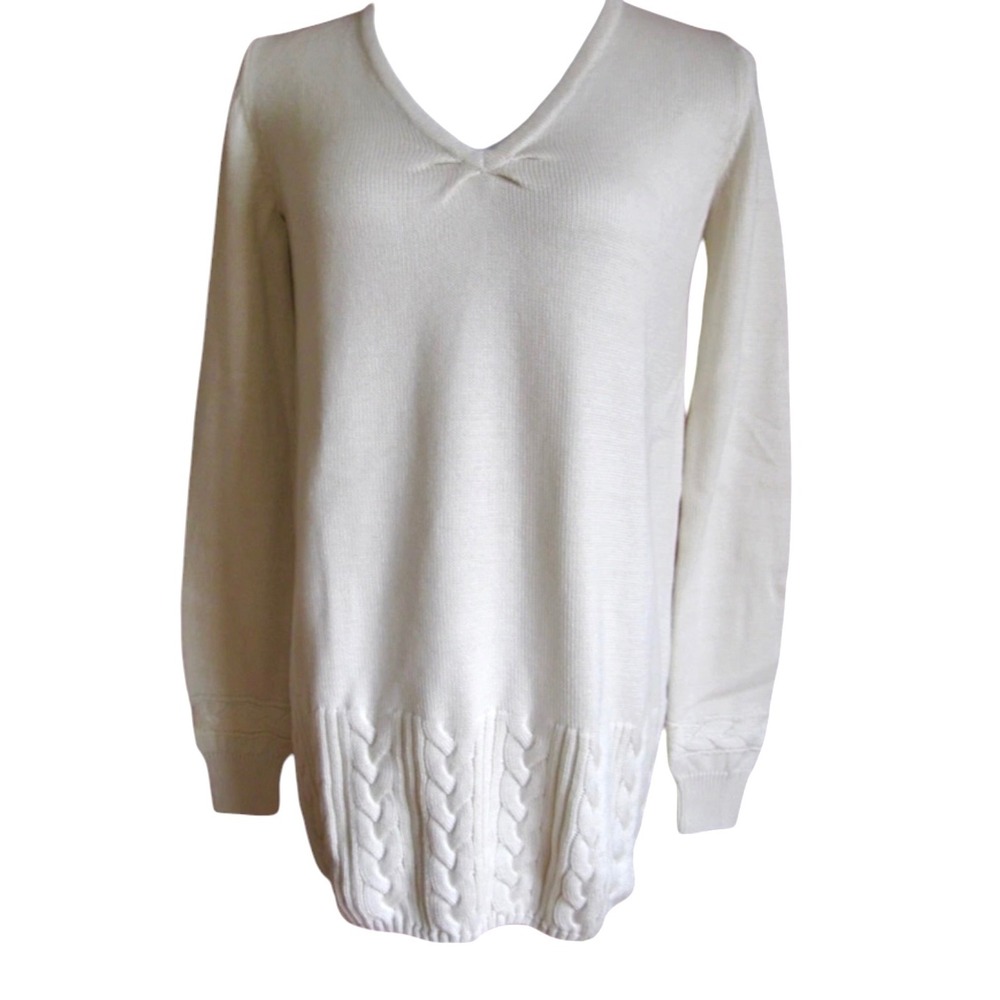 Lacoste Womens Cream V-Neck Cable Knit Hem Cotton Sweater Size 36 (US S)